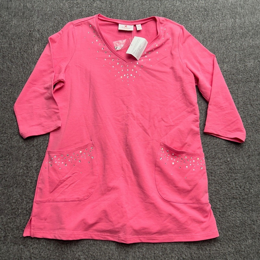 Quacker Factory Shirt Small Petite Shrimp Bling V-Neck Tunic Sparkle Pockets